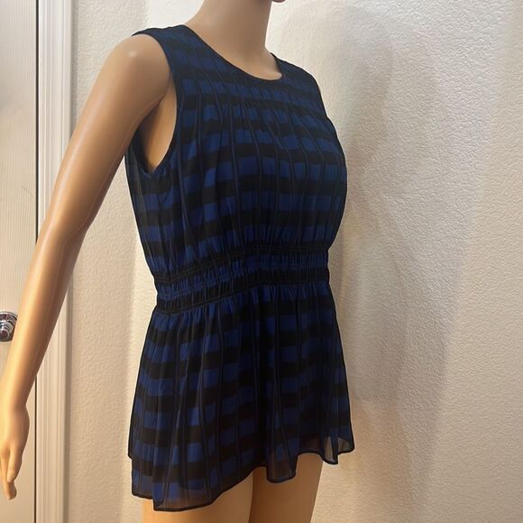 Club Monaco Top Size S/P Scoop Neck Sleeveless Black Blue Lined Gathered Waist - Picture 3 of 10